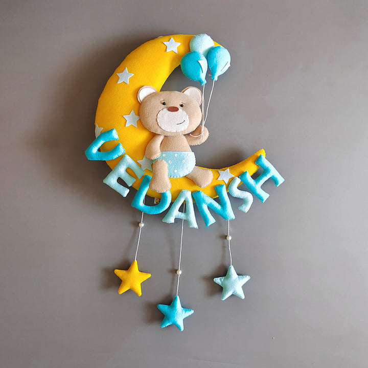 Hand-stitched Teddy Themed Felt Moon Nameplate For Kids
