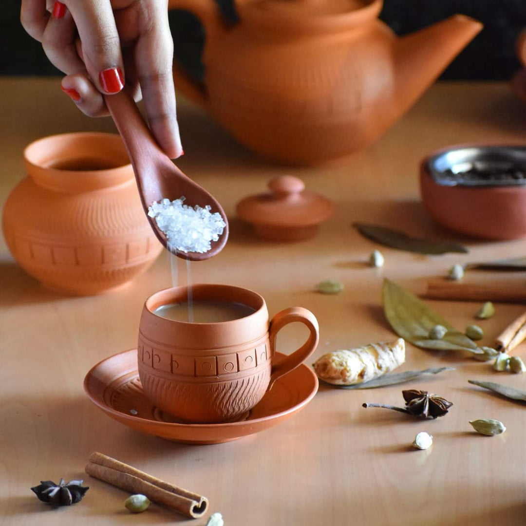 Handmade Maharaja Terracotta Tea Cups With Saucers | Set Of 6, 12Pcs