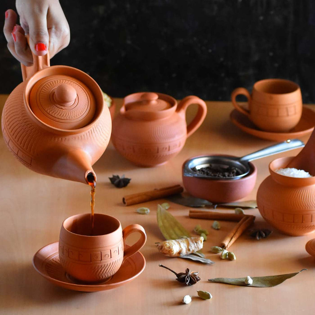 Handmade Maharaja Terracotta Tea Cups With Saucers | Set Of 6, 12Pcs