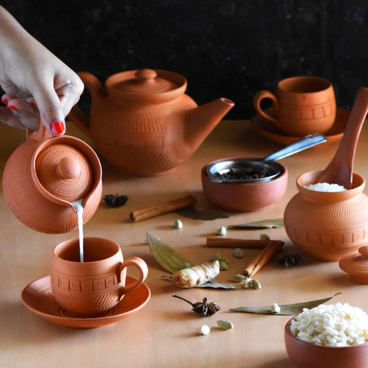 Handmade Maharaja Terracotta Tea Cups With Saucers | Set Of 6, 12Pcs