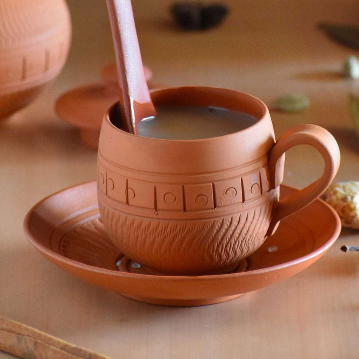 Handmade Maharaja Terracotta Tea Cups With Saucers | Set Of 6, 12Pcs