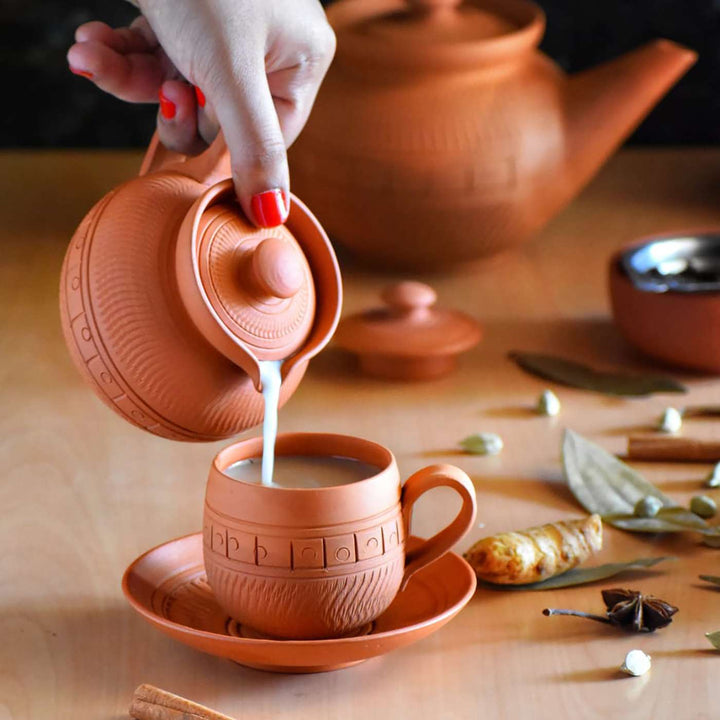 Handmade Maharaja Terracotta Tea Cups With Saucers | Set Of 6, 12Pcs