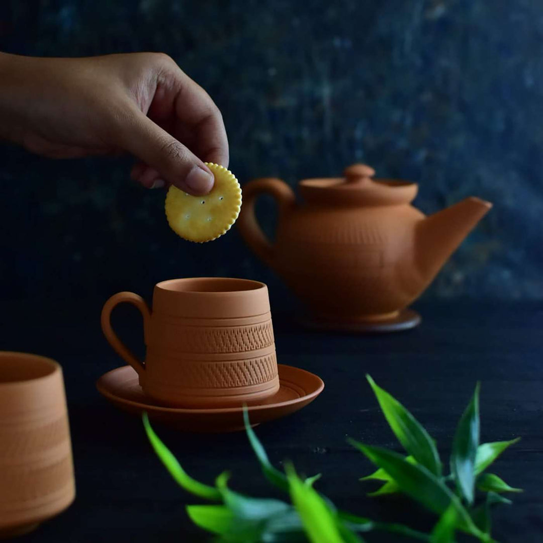 Handmade Nawabi Terracotta Tea Cups With Saucers | Set Of 6, 12Pcs