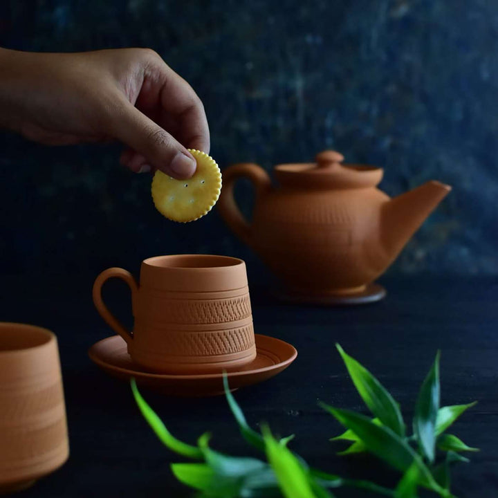 Handmade Nawabi Terracotta Tea Cups With Saucers | Set Of 6, 12Pcs