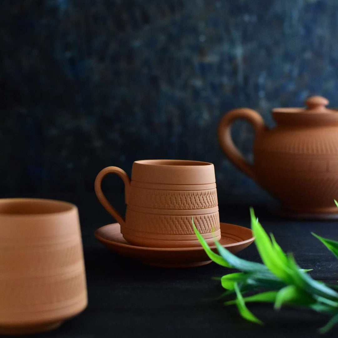 Handmade Nawabi Terracotta Tea Cups With Saucers | Set Of 6, 12Pcs