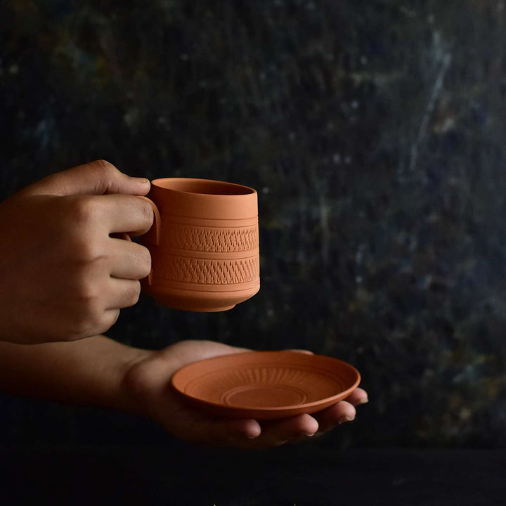 Handmade Nawabi Terracotta Tea Cups With Saucers | Set Of 6, 12Pcs