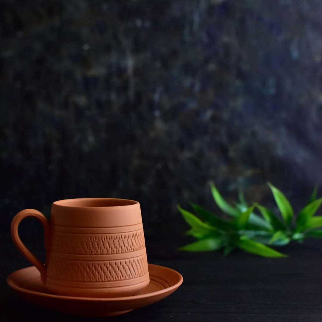 Handmade Nawabi Terracotta Tea Cups With Saucers | Set Of 6, 12Pcs