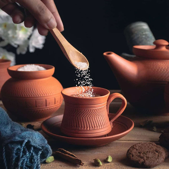 Handmade Royal Terracotta Tea Cups With Saucers | Set Of 6, 12Pcs