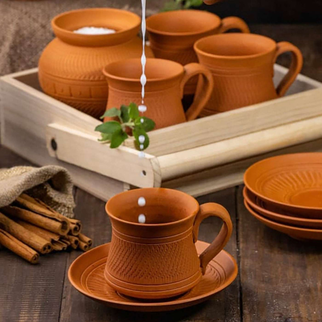 Handmade Royal Terracotta Tea Cups With Saucers | Set Of 6, 12Pcs