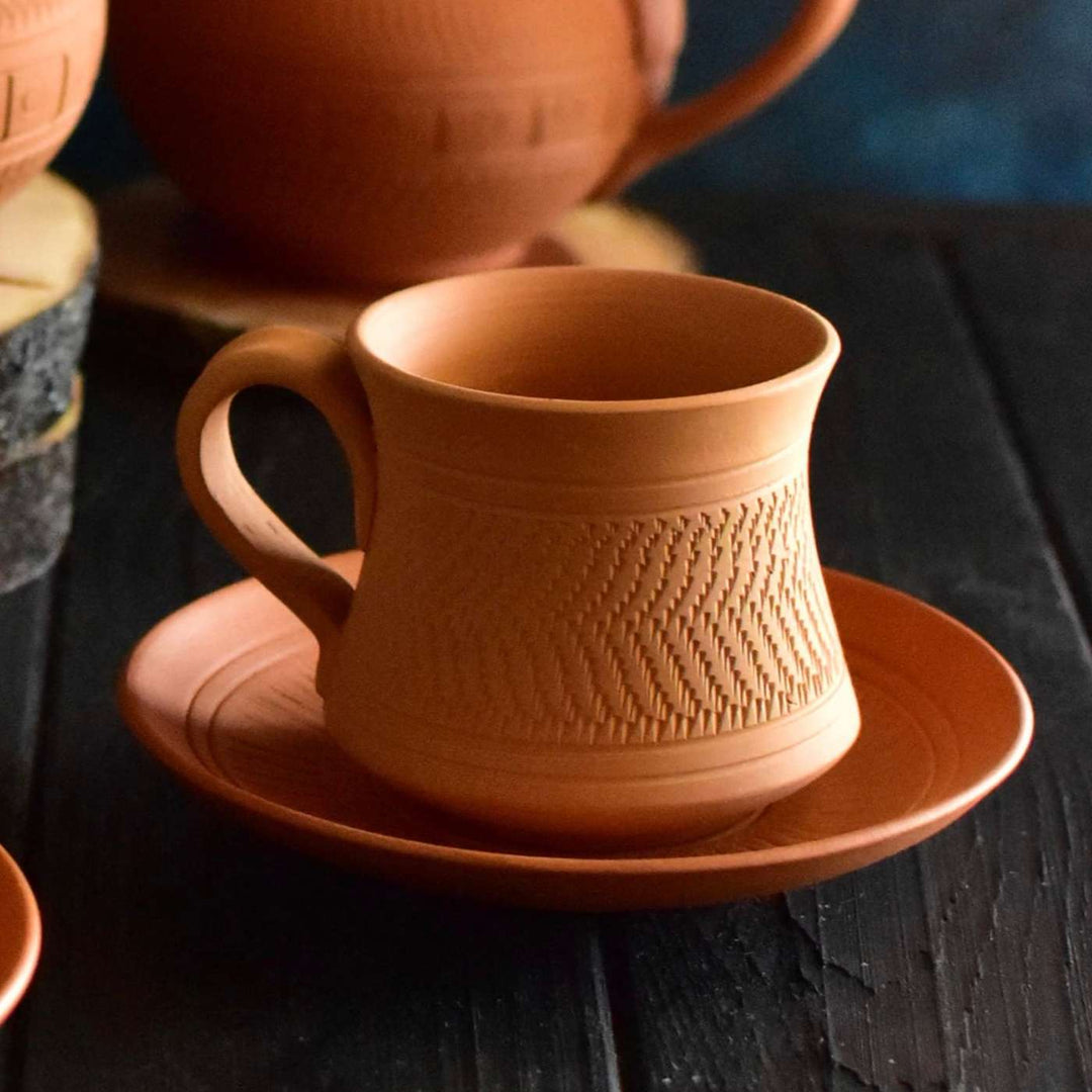 Handmade Royal Terracotta Tea Cups With Saucers | Set Of 6, 12Pcs