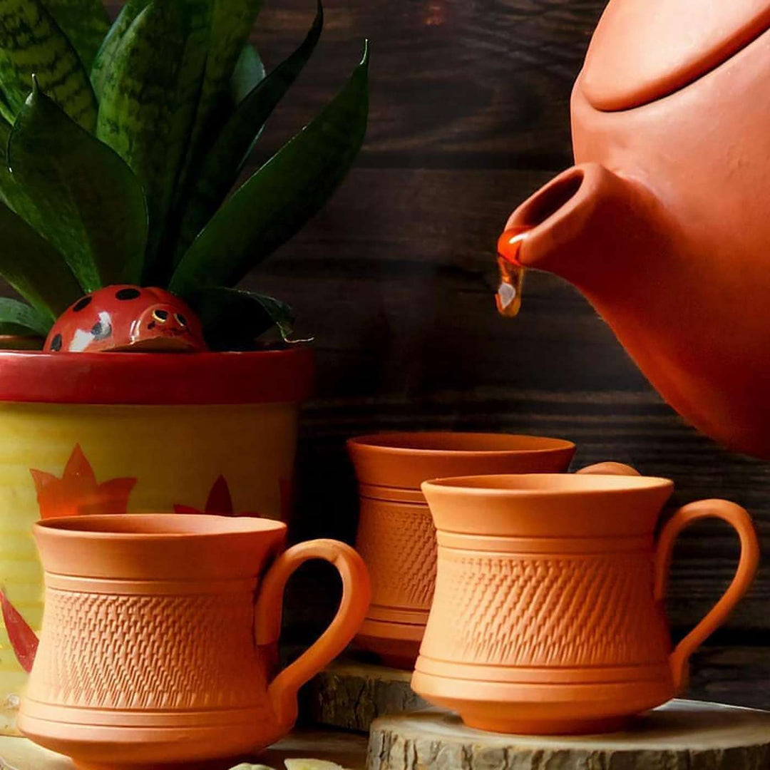 Handmade Royal Terracotta Tea Cups With Saucers | Set Of 6, 12Pcs