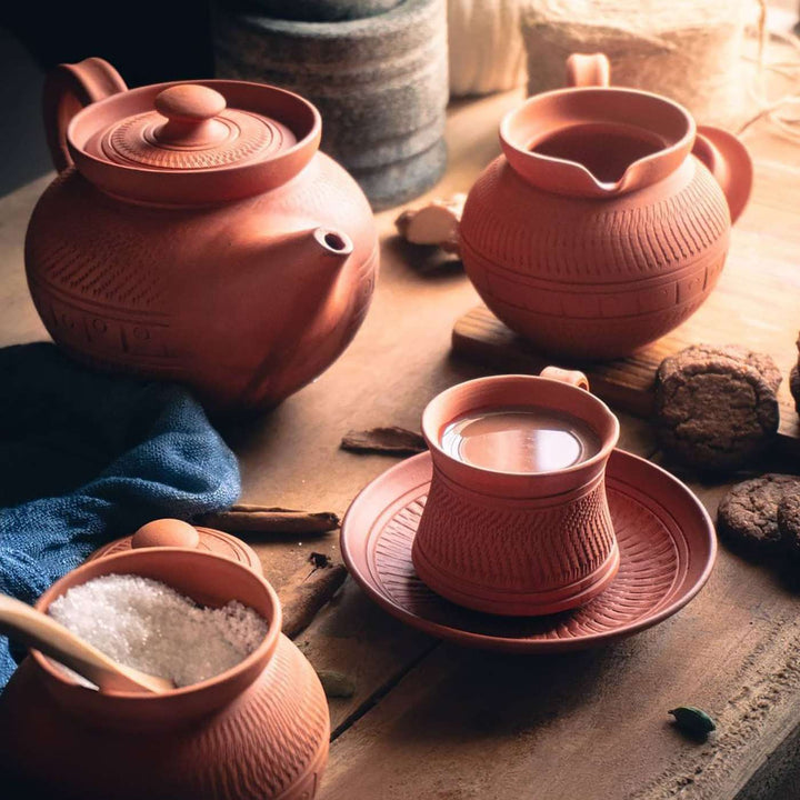 Handmade Royal Terracotta Tea Cups With Saucers | Set Of 6, 12Pcs
