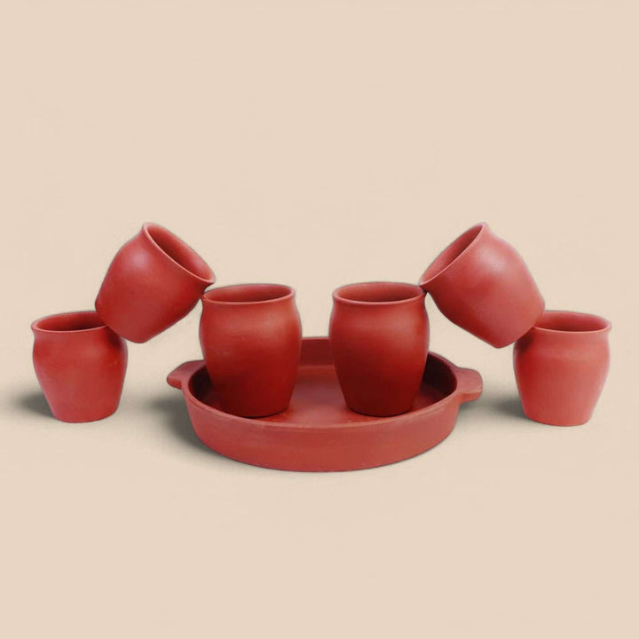 Handmade Reusable Terracotta Kulhads WIth Tray | Set Of 7