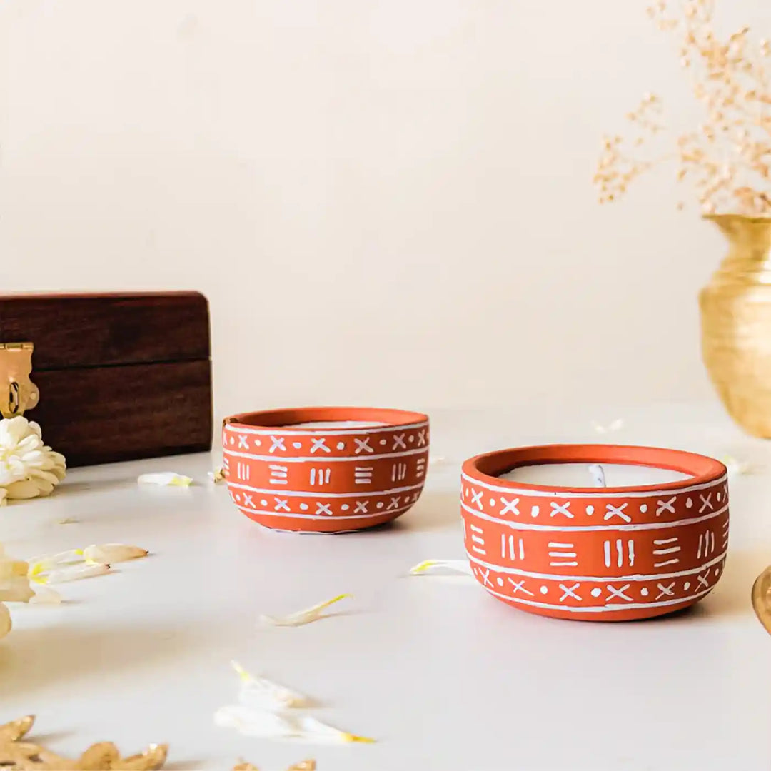 Set of 16 | Hand-Painted Cross Dot Terracotta Soy Wax Candle
