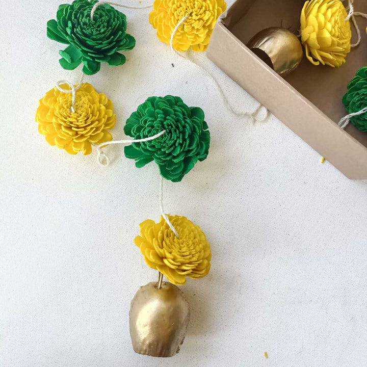 Shola Wood Marigold Flower Festive Bell Hangings - Set of 2