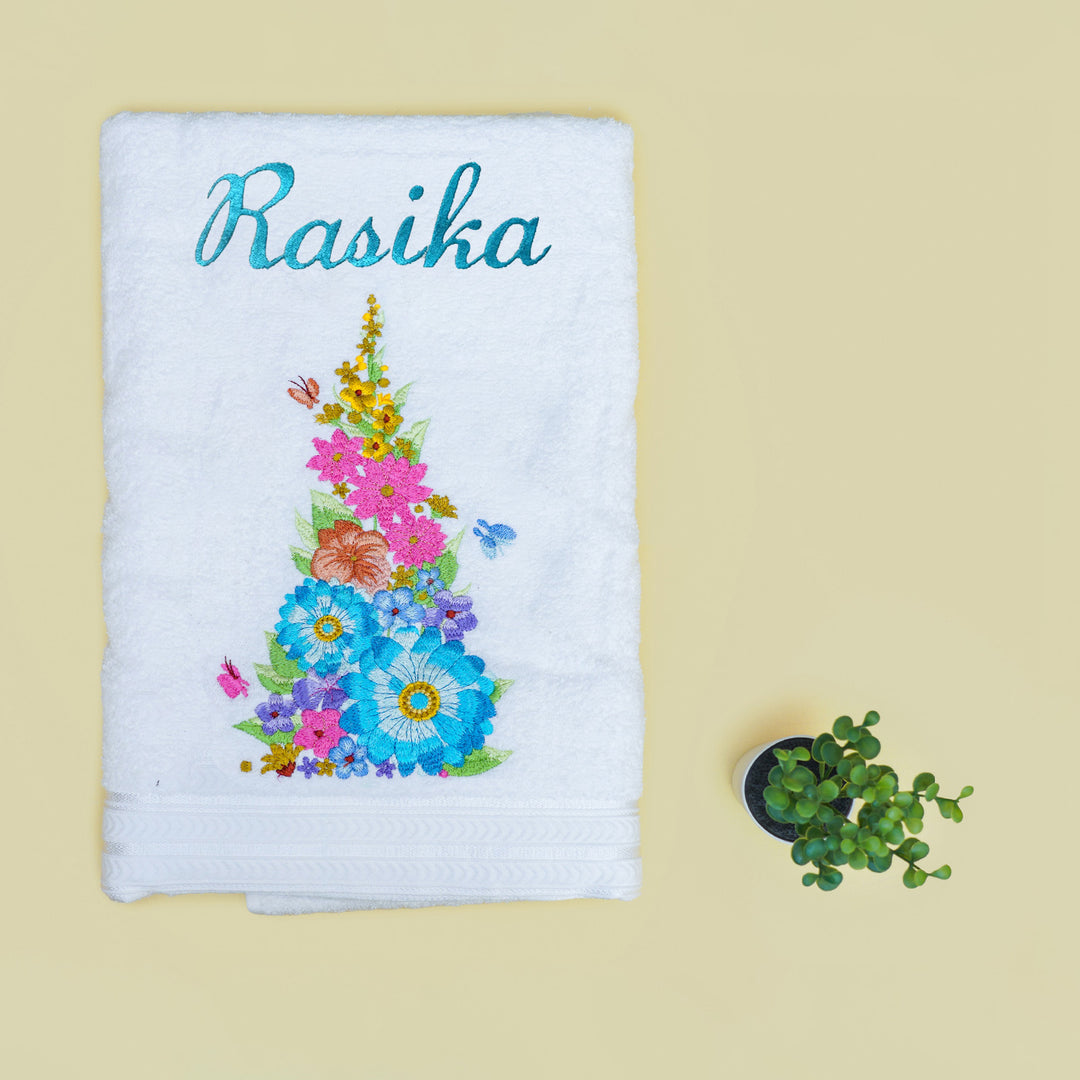 Embroidered Personalized Egyptian Cotton Bath Towel - Flowers and Butterflies