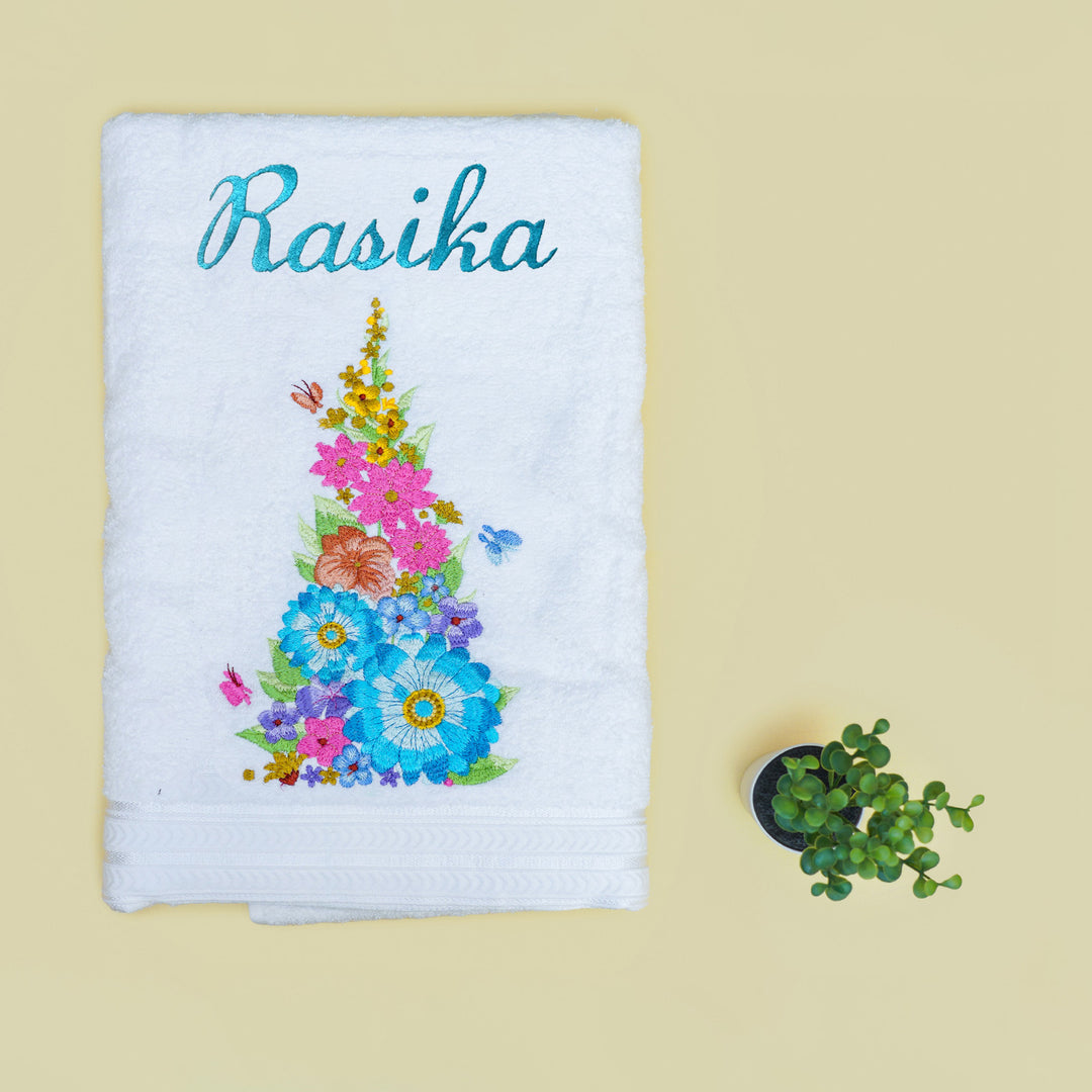 Embroidered Personalized Egyptian Cotton Bath Towel - Flowers and Butterflies