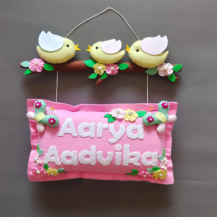 Hand-stitched Pillow & Bird Themed Felt Kids Nameplate with Swing