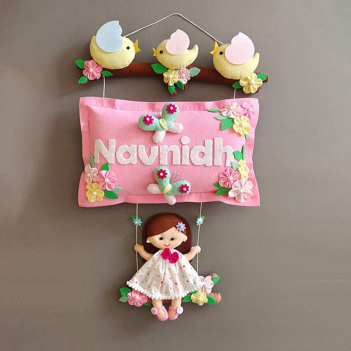 Hand-stitched Pillow & Bird Themed Felt Kids Nameplate with Swing