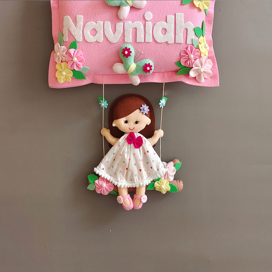 Hand-stitched Pillow & Bird Themed Felt Kids Nameplate with Swing