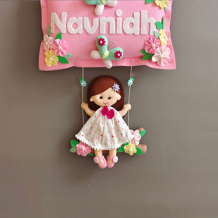 Hand-stitched Pillow & Bird Themed Felt Kids Nameplate with Swing
