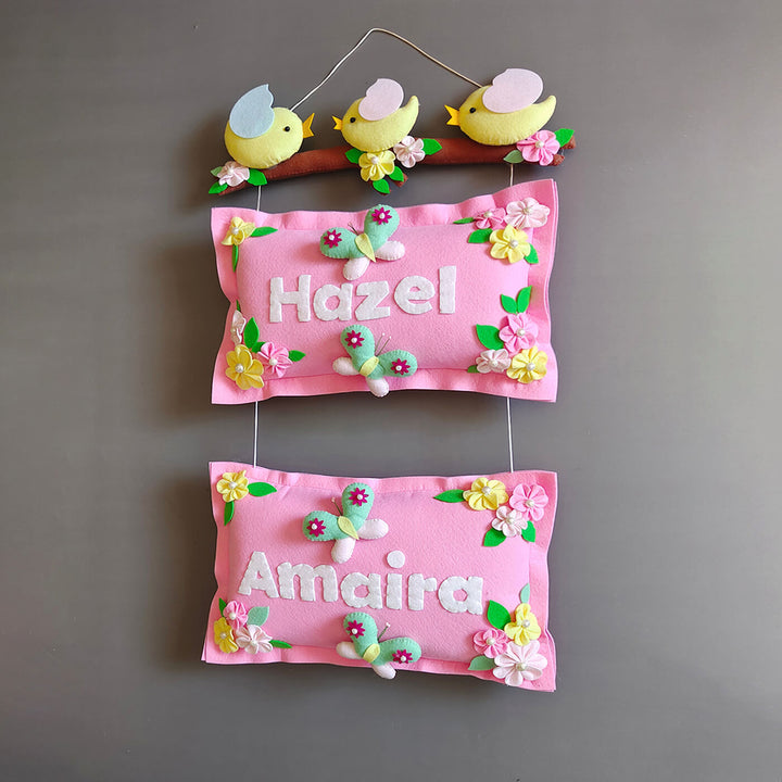 Hand-stitched Pillow & Bird Themed Felt Kids Nameplate with Swing