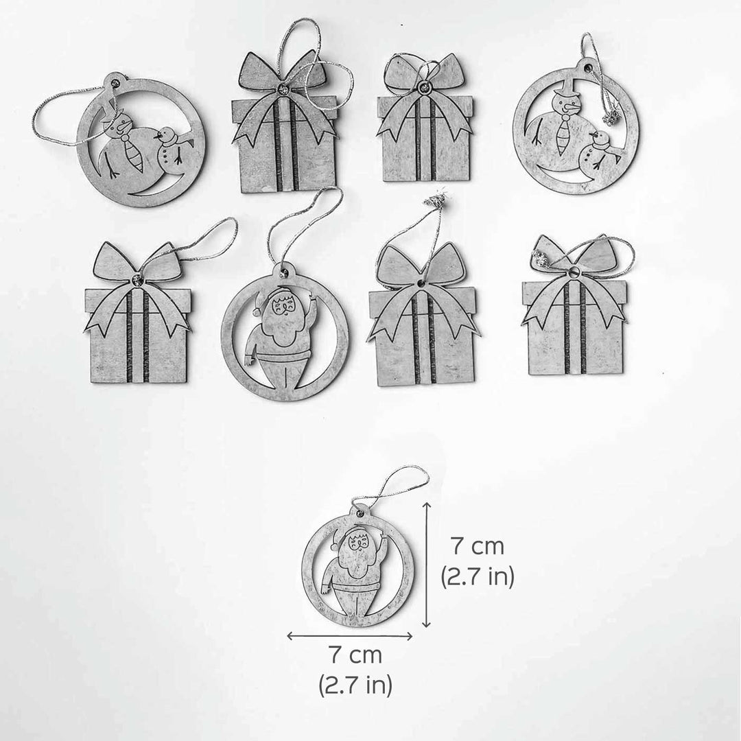 Handmade Santa, Snowman & Gift Box Birch Wood Ornaments For Christmas Tree Decoration | Set Of 9