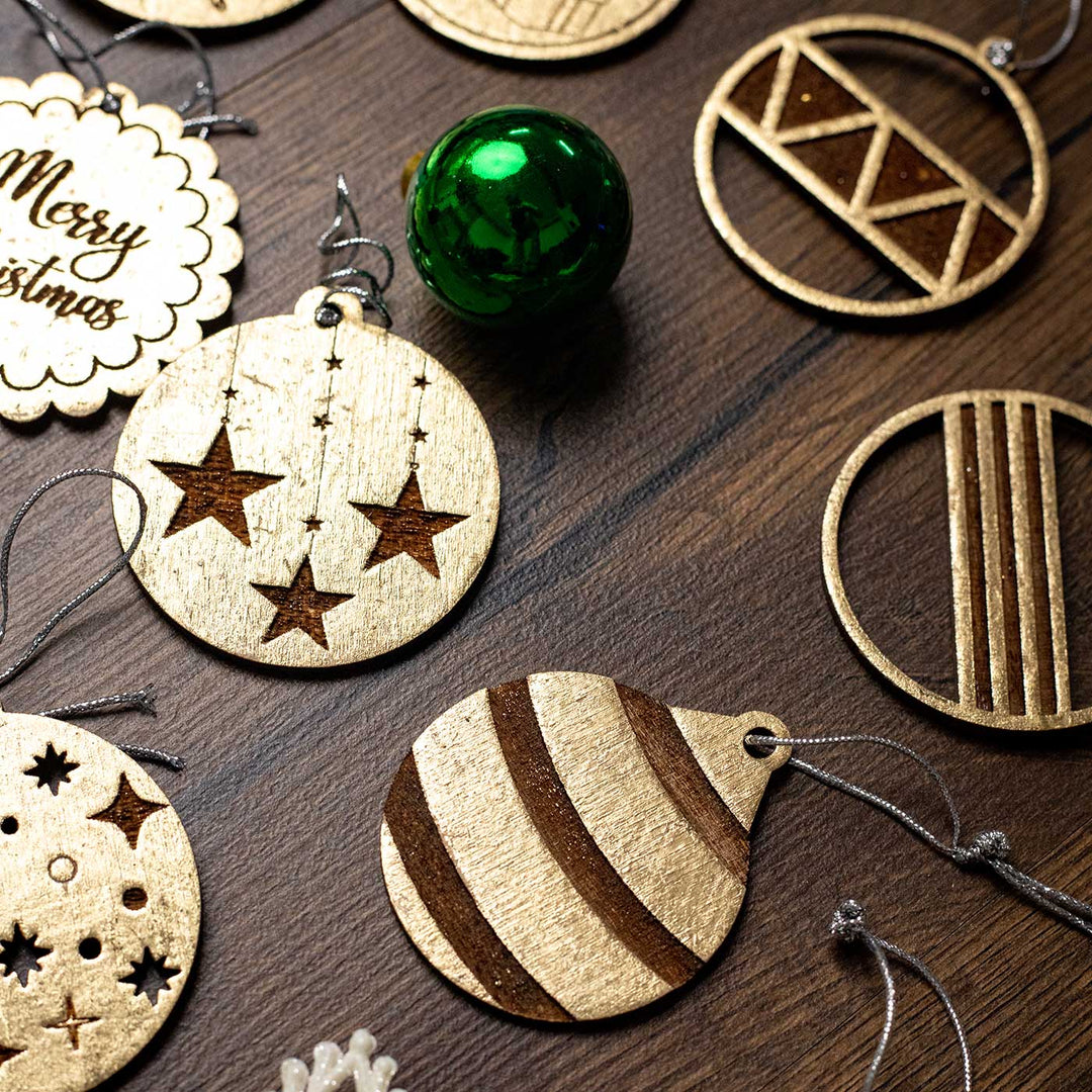 Handmade Engraved Golden Round Birch Wood Ornaments For Christmas Tree Decoration | Set Of 13