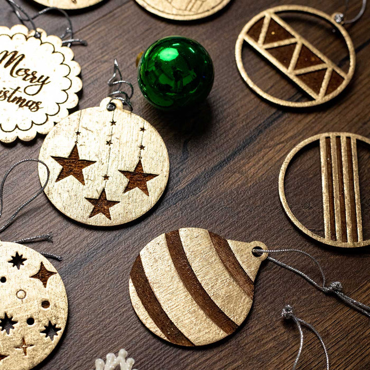 Handmade Engraved Golden Round Birch Wood Ornaments For Christmas Tree Decoration | Set Of 13