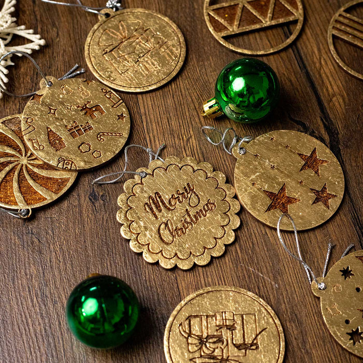 Handmade Engraved Golden Round Birch Wood Ornaments For Christmas Tree Decoration | Set Of 13