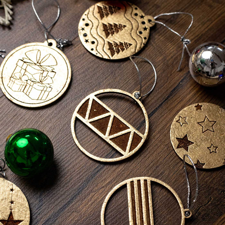 Handmade Engraved Golden Round Birch Wood Ornaments For Christmas Tree Decoration | Set Of 13