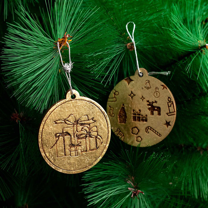 Handmade Engraved Golden Round Birch Wood Ornaments For Christmas Tree Decoration | Set Of 13