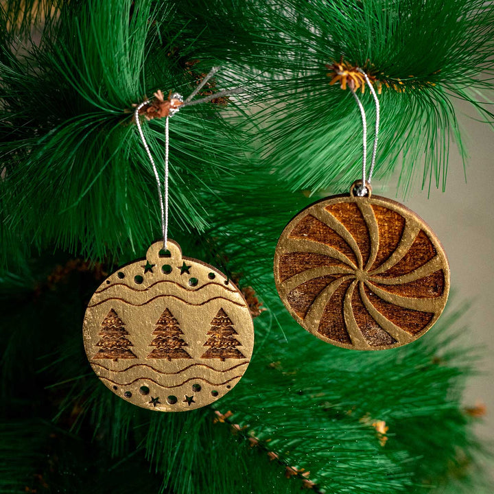 Handmade Engraved Golden Round Birch Wood Ornaments For Christmas Tree Decoration | Set Of 13