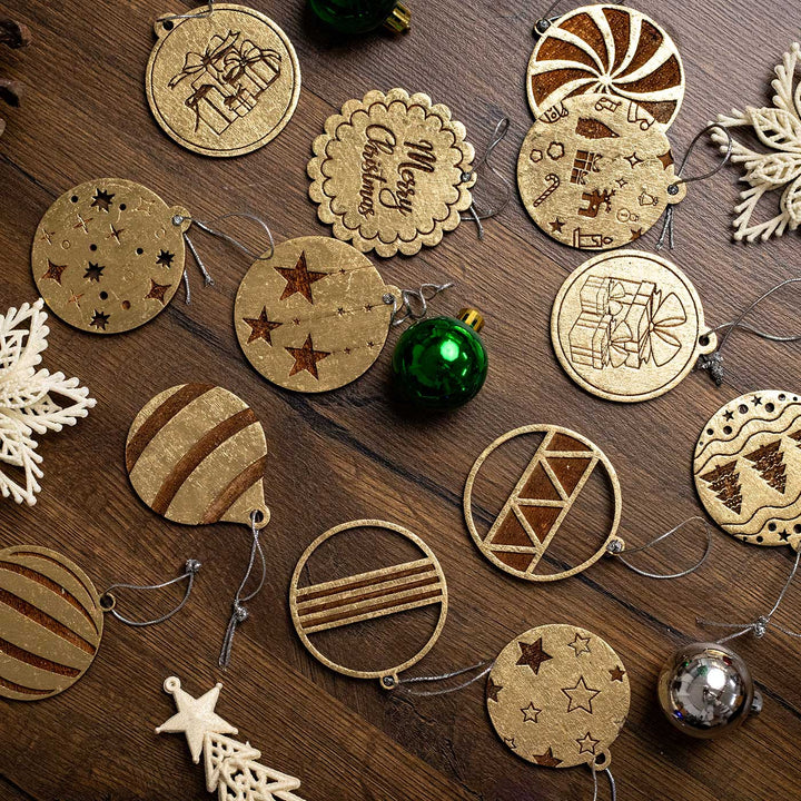 Handmade Engraved Golden Round Birch Wood Ornaments For Christmas Tree Decoration | Set Of 13
