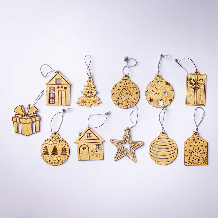 Handmade Assorted Birch Wood Ornaments For Christmas Tree Decoration | Set Of 11