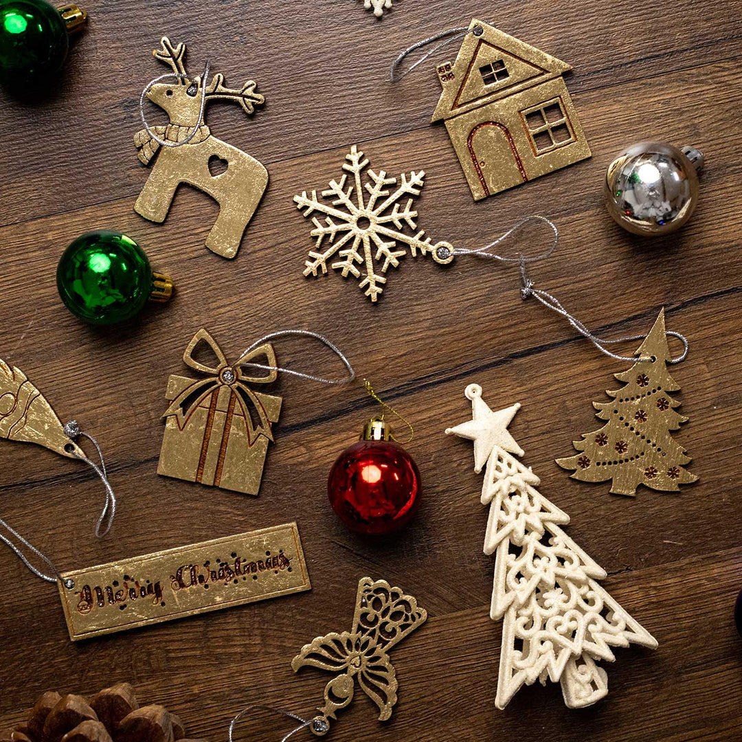 Handmade Assorted Gold Birch Wood Ornaments For Christmas Tree Decoration | Set Of 8