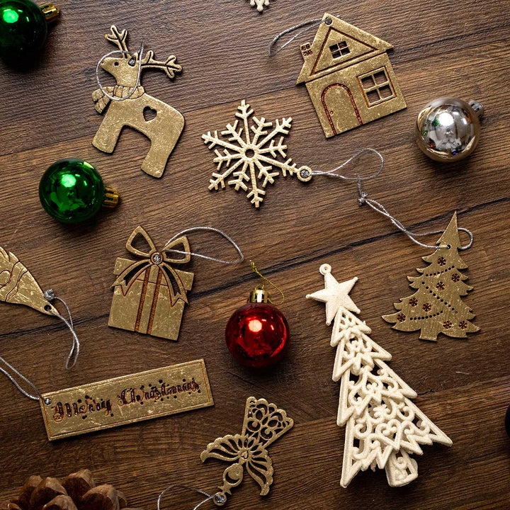 Handmade Assorted Gold Birch Wood Ornaments For Christmas Tree Decoration | Set Of 8