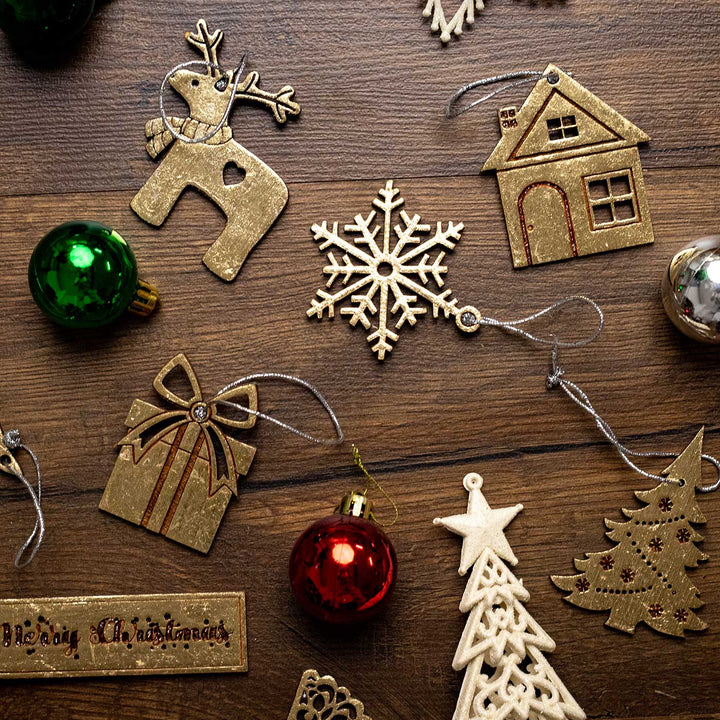 Handmade Assorted Gold Birch Wood Ornaments For Christmas Tree Decoration | Set Of 8