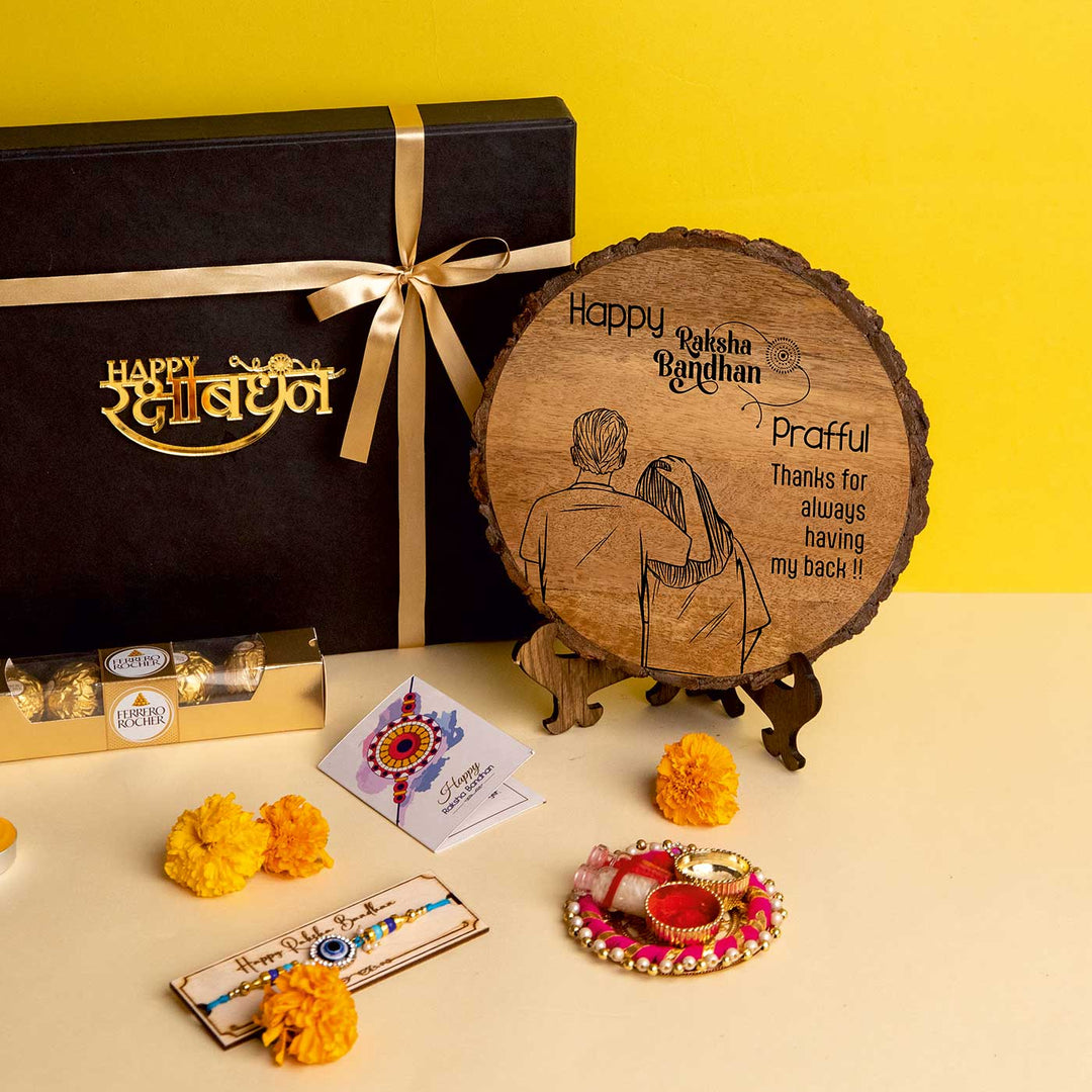Buy Personalized Handmade Engraved Wooden Rakhi Hamper With