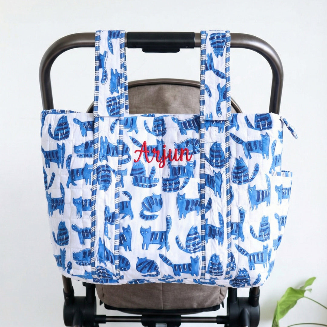 Personalized Blue Cats Diaper Bag With Stroller Straps