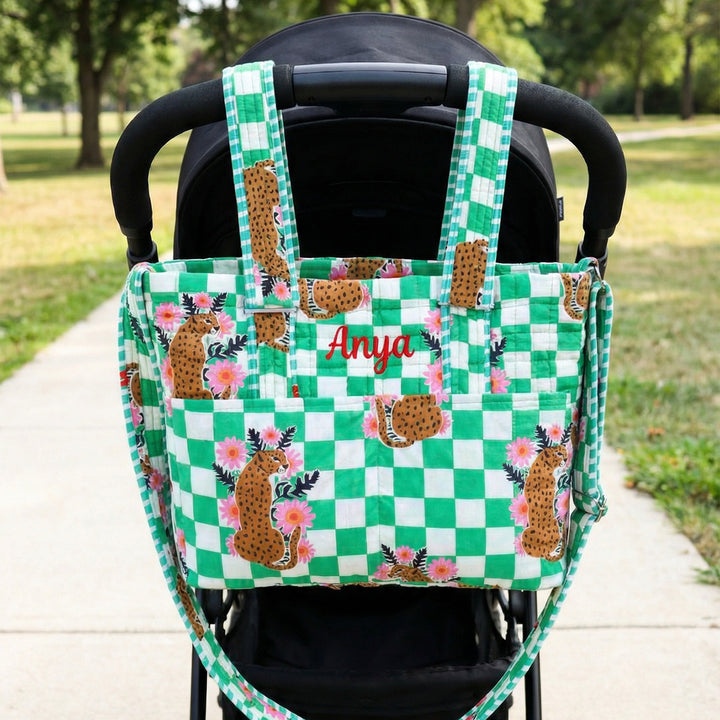 Personalized Green Cheetah Diaper Bag With Stroller Straps