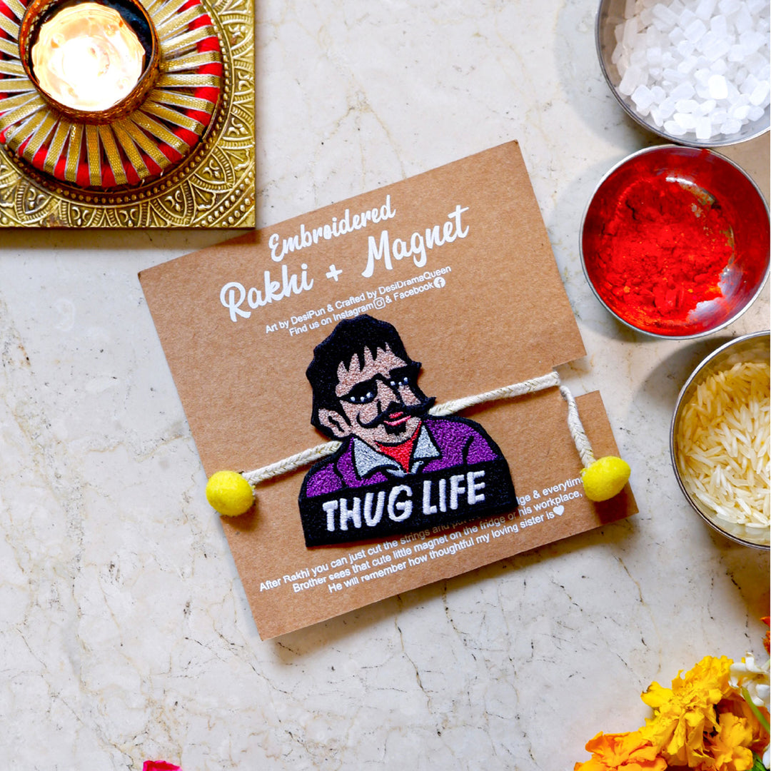 Handmade Reusable Thug Life Pom Pom Felt Rakhi For Brother - Packaging with Surrounding Elements