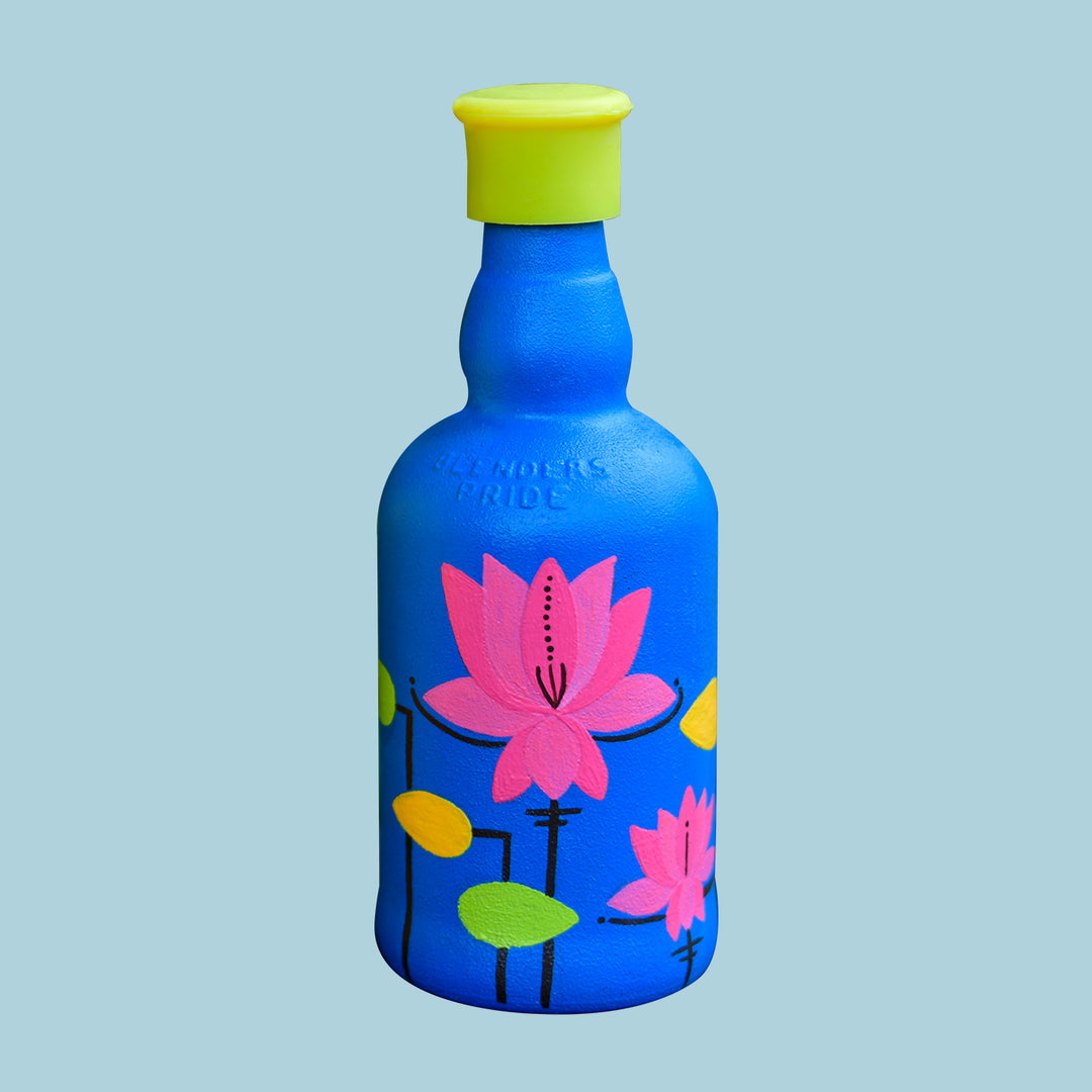 Pichwai Lotus Design Handpainted Glass Bottle