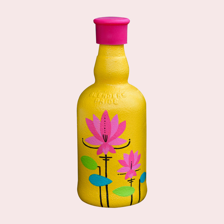 Pichwai Lotus Design Handpainted Glass Bottle