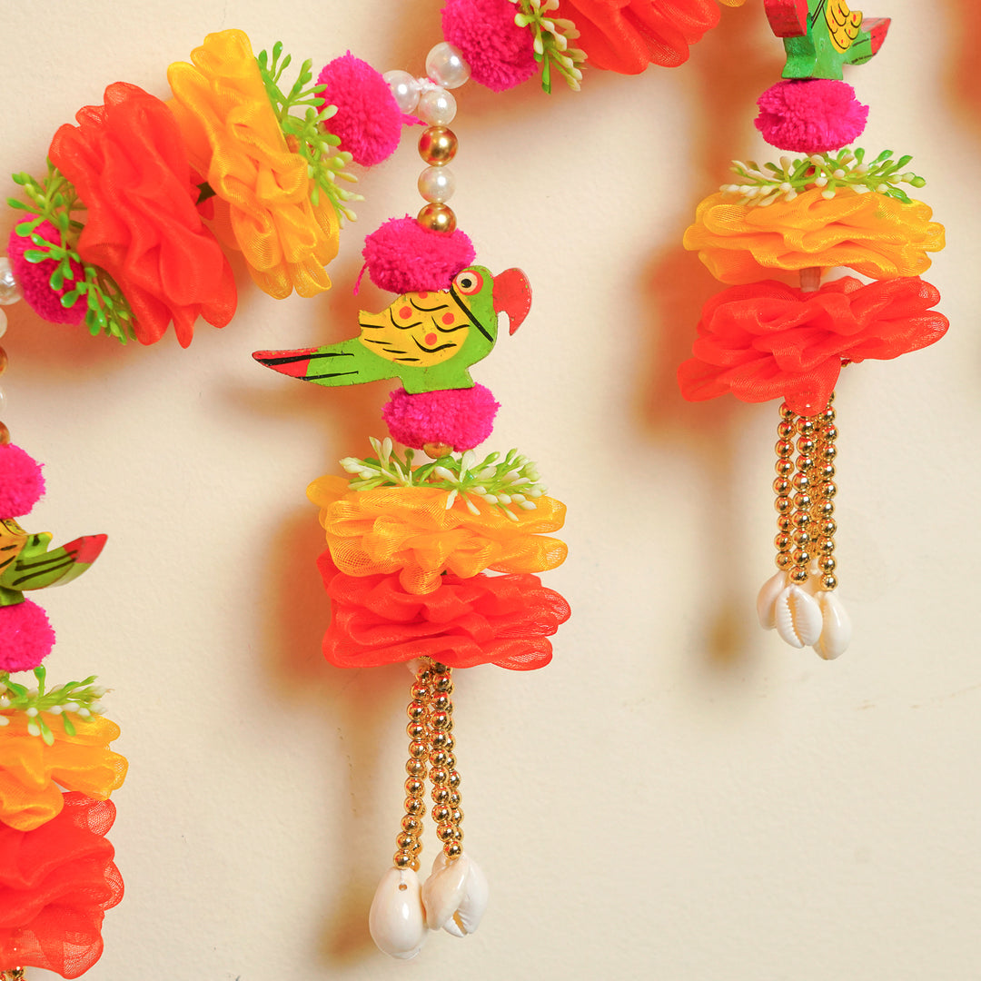 Handmade Yellow & Orange Flowers With Parrot Toran