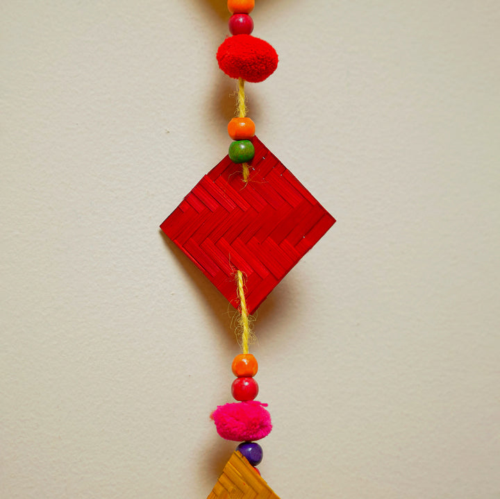 64 Inch | Extra Long Handmade Multicolor Square Pom Pom & Bamboo Hanging