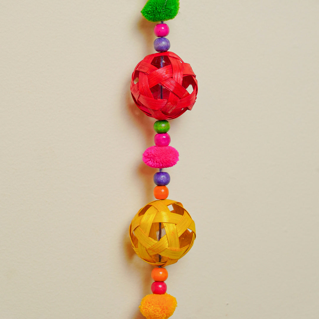 64 Inch | Extra Long Handmade Multicolor Round Pom Pom & Bamboo Hanging