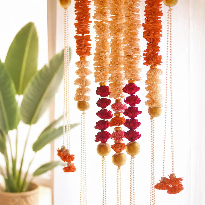 8pc Set | Handmade Rose Radiance Shola Flower Entrance Decor | 1 Toran + 7 Hangings