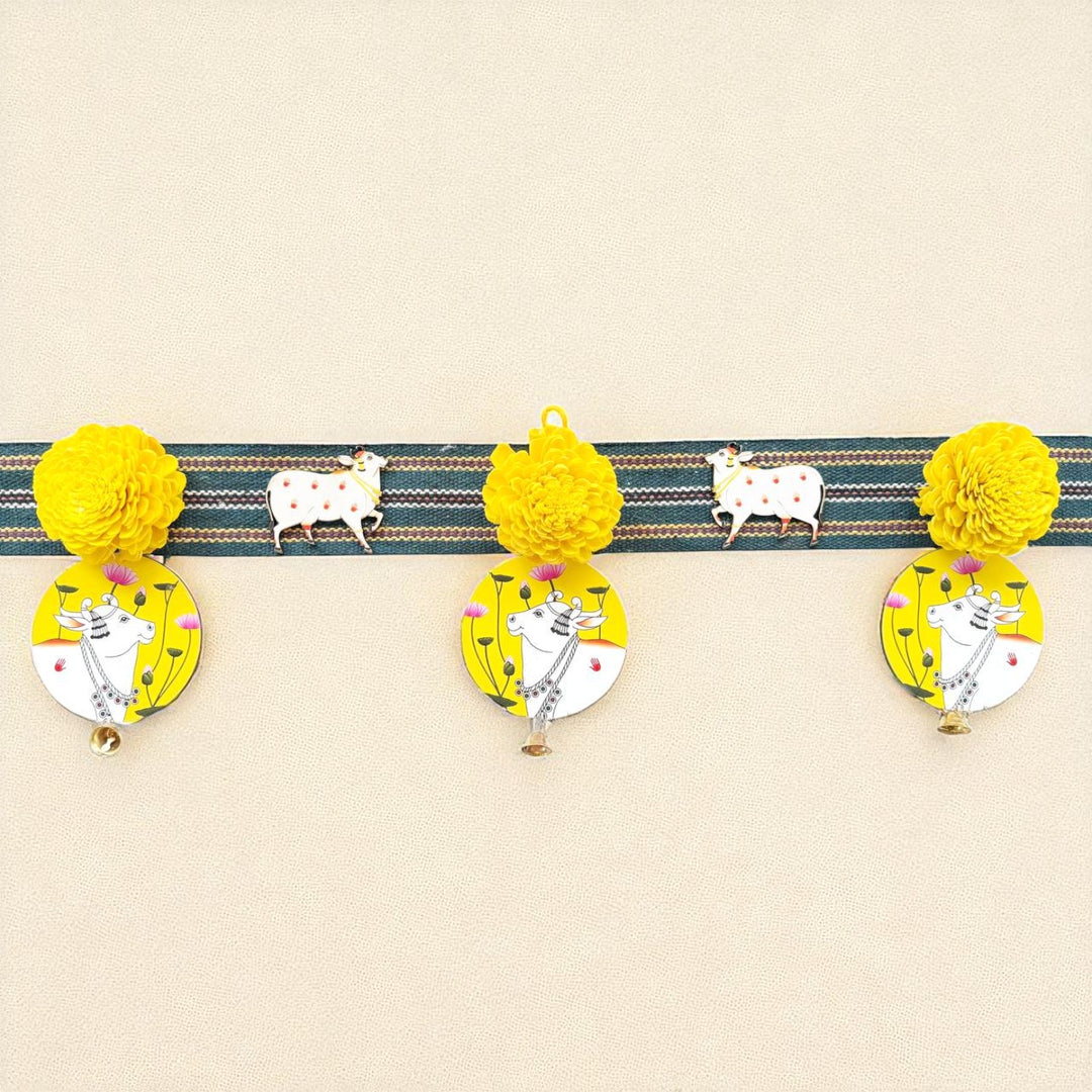 Handmade Yellow Cow Motif Shola Flower Toran