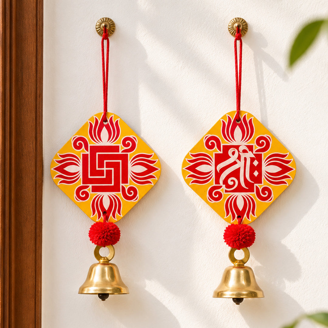 2 Pc | Handcrafted Shree Swastik MDF Door Hangings With Bells & Pom-Poms